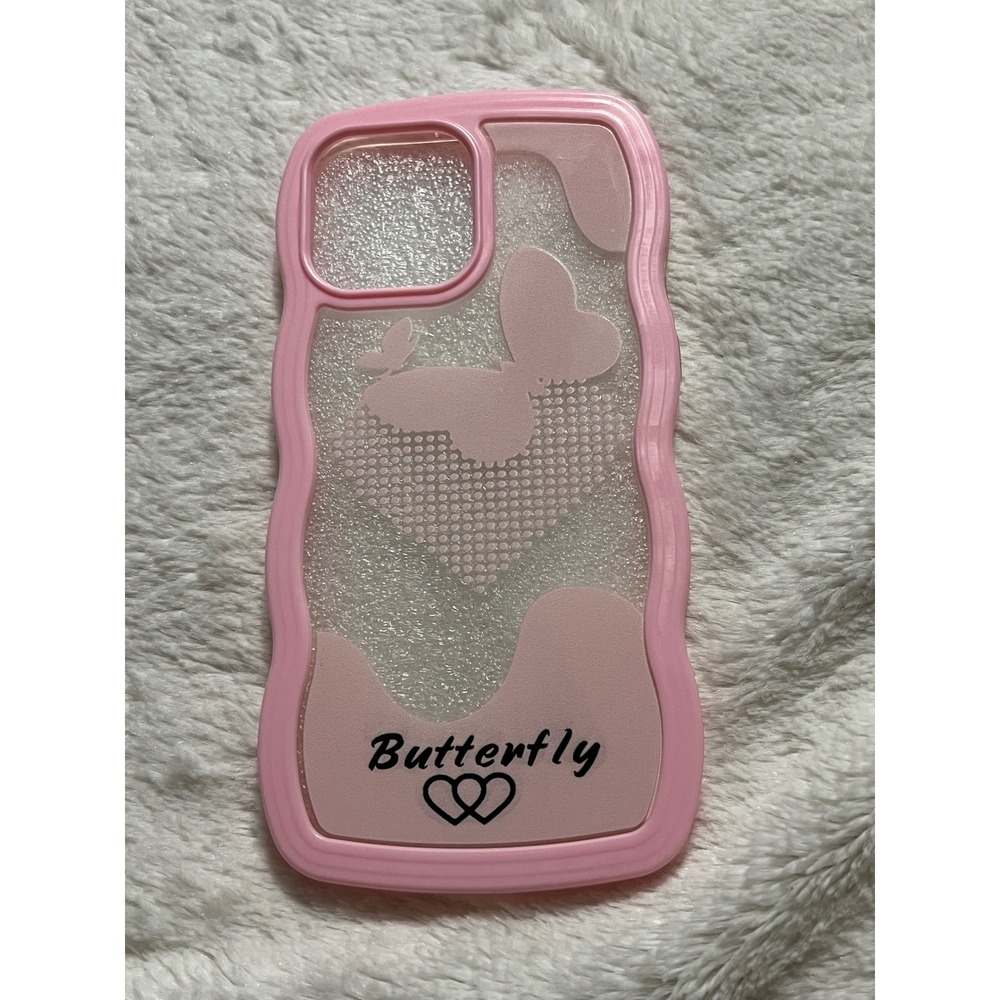 Pink Butterfly Clear IPhone 13 Pro Max Phone Case Glitter Sparkle Wave Design‎